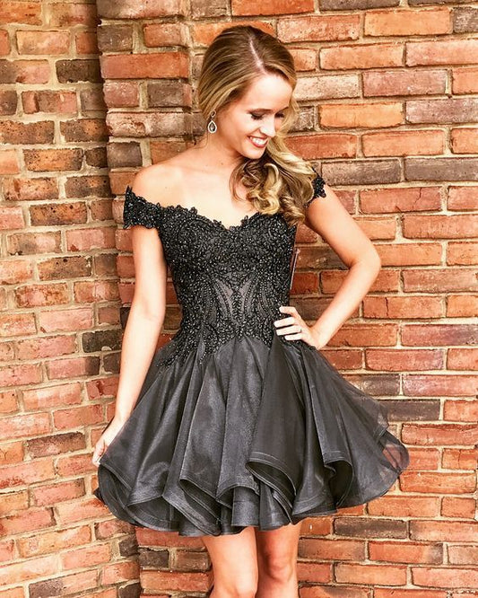 Off the shoulder black short homecoming dress   cg17423