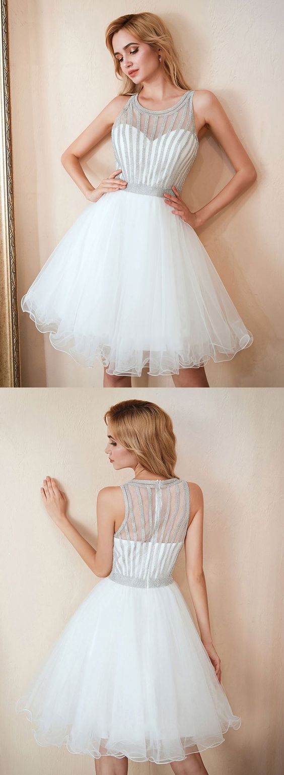 White round neck tulle beads short dress, homecoming dress cg1743