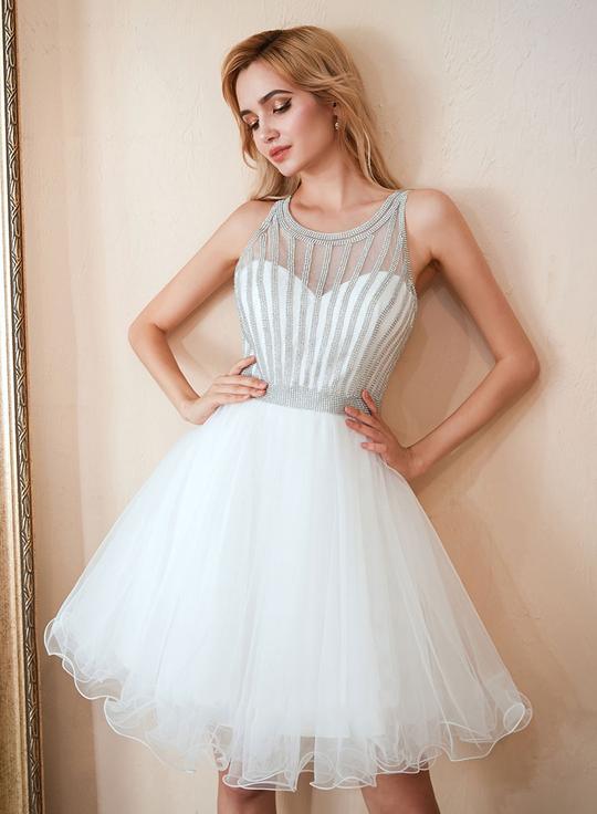 White round neck tulle beads short dress, homecoming dress cg1743