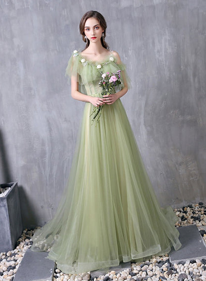 Green tulle long prom dress, evening dress cg1744