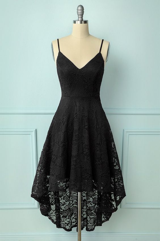 Straps High low Lace Black Homecoming Dress    cg17530