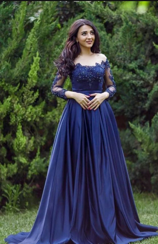 Sexy Lace Formal Prom Dress Long Sleeves Blue Prom Dresses Evening Gowns    cg17557