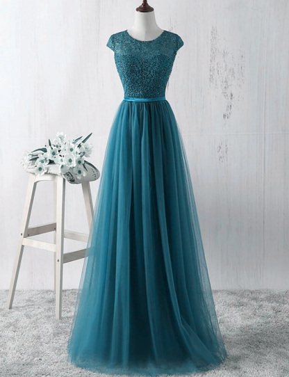 Simple Teal Blue Lace And Tulle Bridesmaid Dresss, Long Prom Dress, Party Dress    cg17587