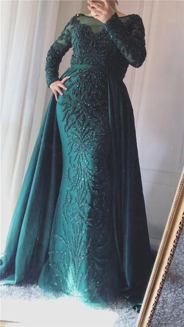 Sexy Sheer Long Sleeve Evening Dresses Crystal Beaded Muslim Prom Dress Party Gown   cg17629