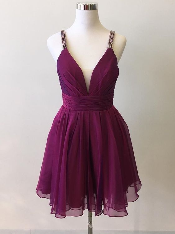 V Neck A Line Chiffon Homecoming Dresses,Sleeveless Cocktail Dresses cg1769