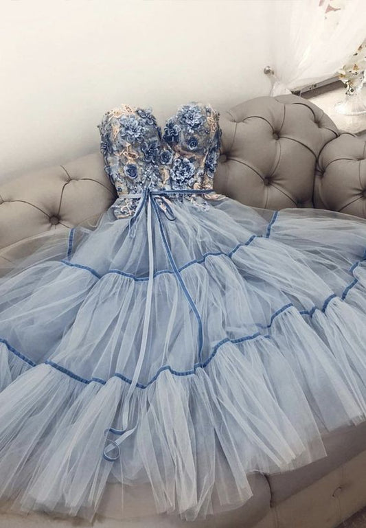 Blue lace short prom dress lace    cg17693