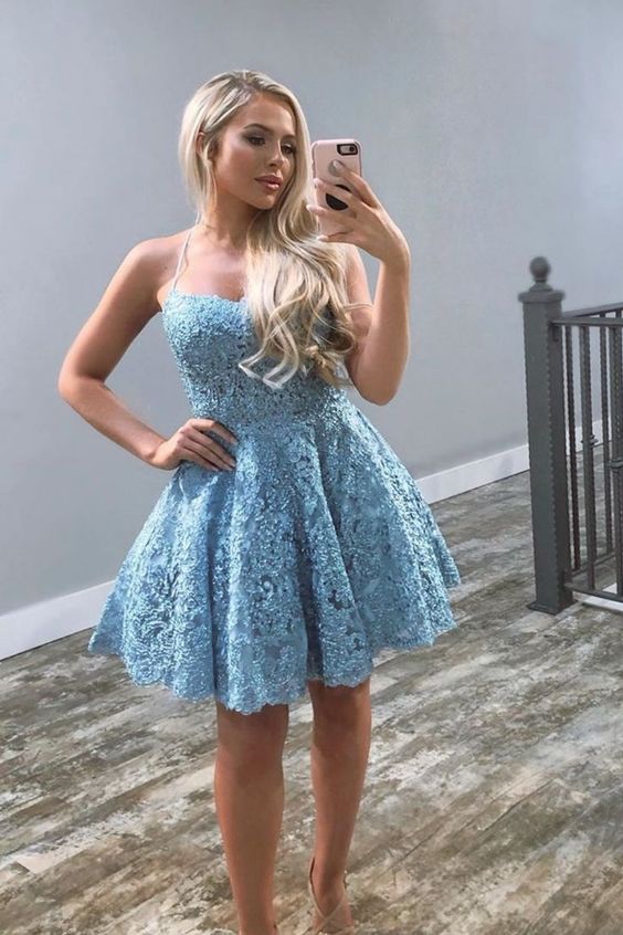 Blue Lace Short Homecoming Dress   cg17751