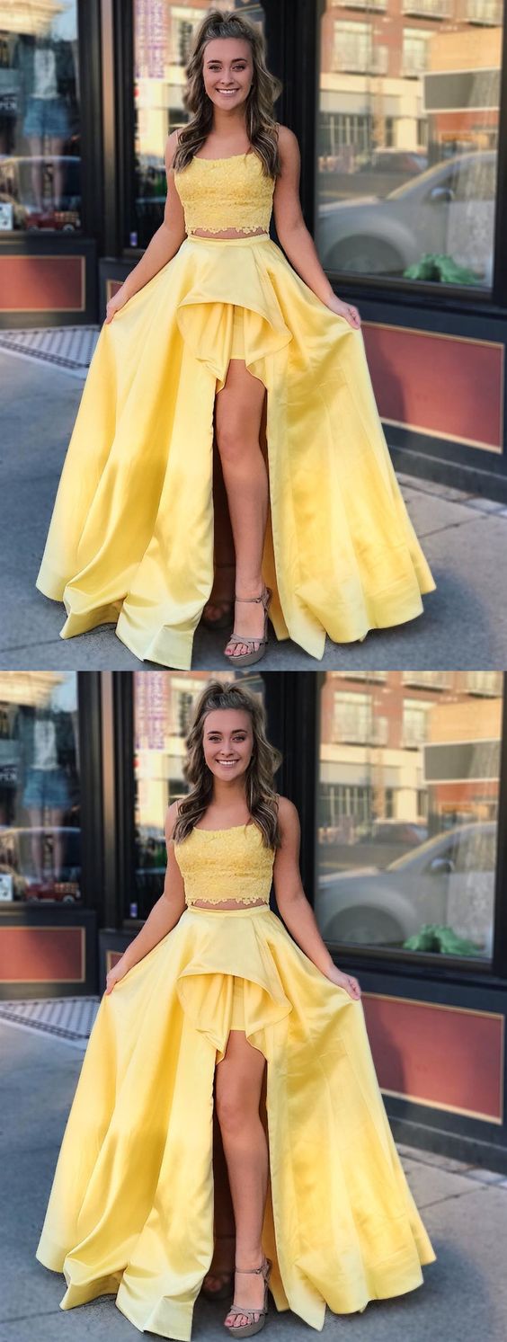 2 Pieces High Low Yellow Lace Prom Dresses, 2 Pieces Yellow Lace Formal Graduation Evening Dresses cg1786