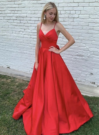 Red Satin V Neck Long Simple Prom Dress Red Evening Dress   cg17880