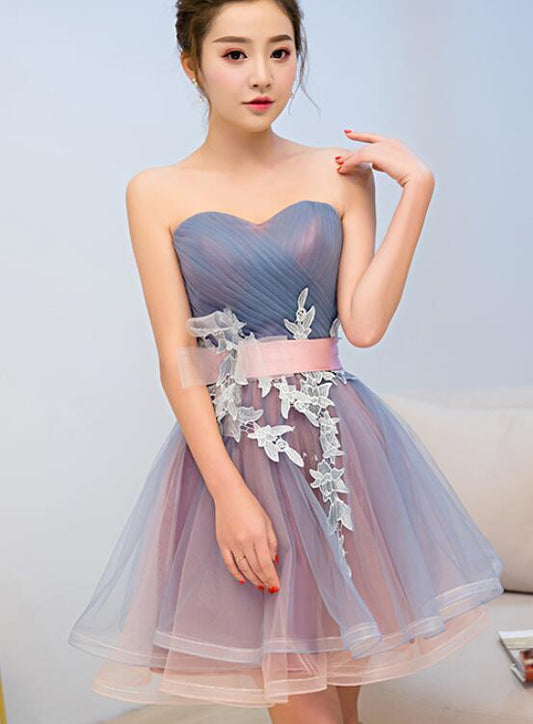 Cute Blue And Pink Knee Length Homecoming Dress With Belt, Lovely Party Dresses cg1793