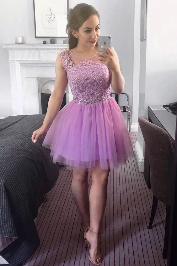 Pretty A-Line Round Neck Lilac Tulle Homecoming Dress with Appliques and Beading    cg17955