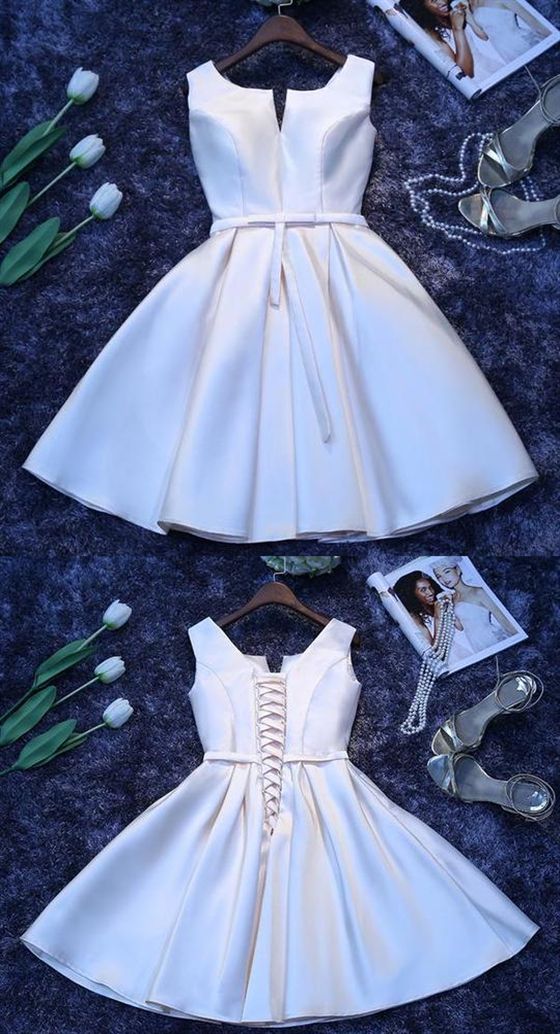 Simple White V Neck Sleeveless A Line Short Satin Homecoming Dresses  cg1813