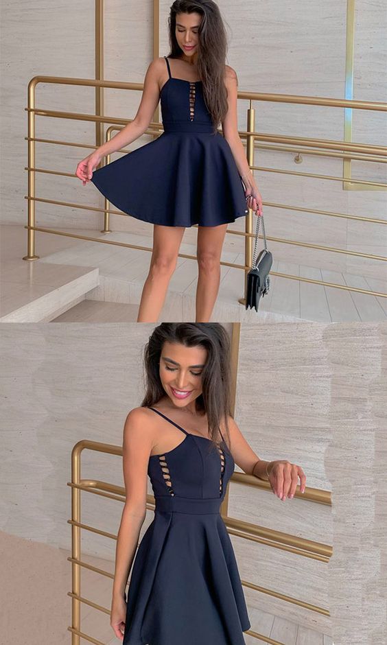 A-Line Spaghetti Straps Short Navy Blue Homecoming Dress cg1842