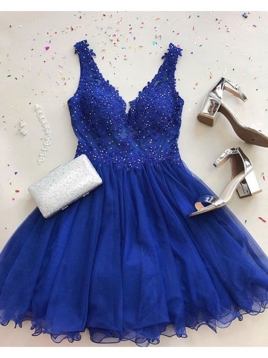 A-Line V-Neck Short Backless Royal Blue Homecoming Dress with Appliques cg1844