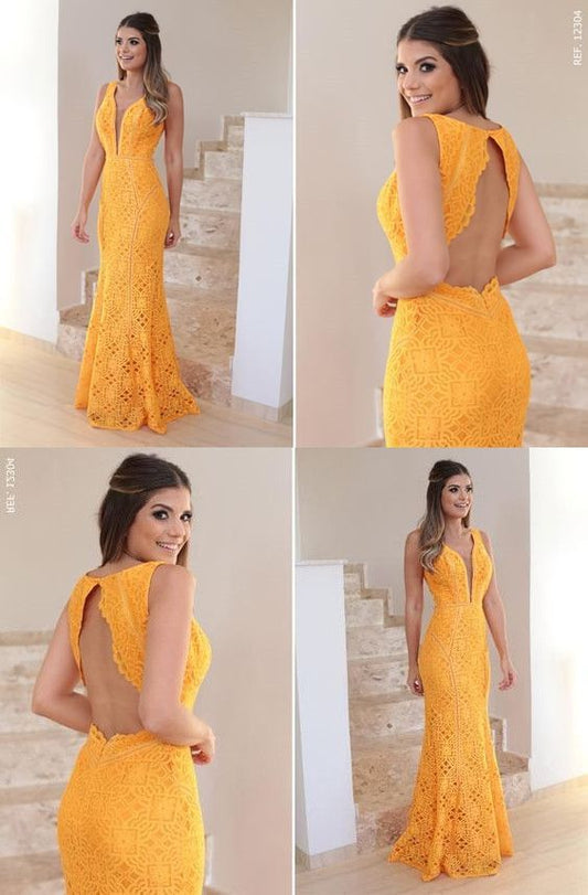 Yellow Lace Prom Dress, V-Neck Long Party Dress, Backless Mermaid Evening Dress    cg18467