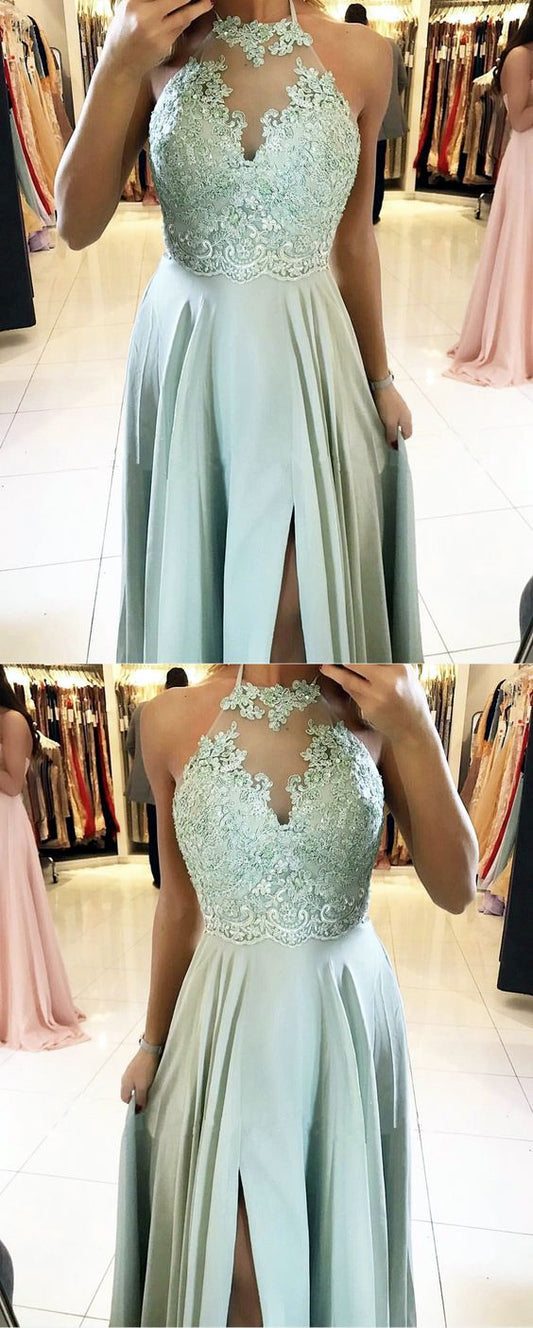 Sage Green Bridesmaid Dresses Halter Neck Side Split Chiffon Formal Bridal Party Dress Prom Dresses    cg18654