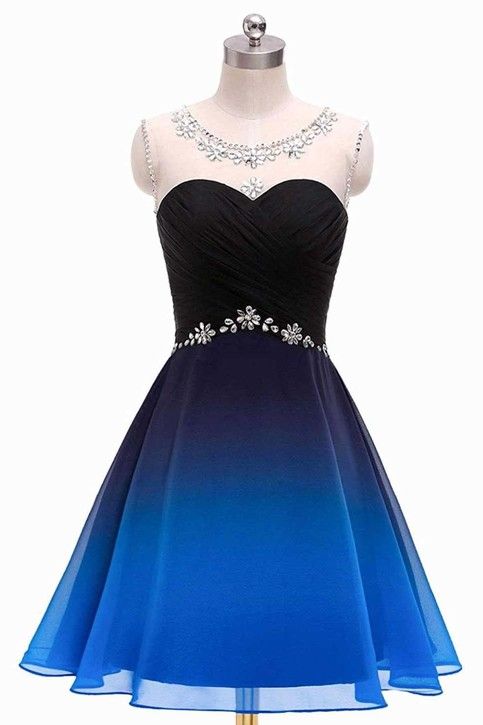 A Line Round Neck Beads Blue and Black Short Dresses, Ruffles Straps Homecoming Dresses, Cocktail Dresses  cg1874