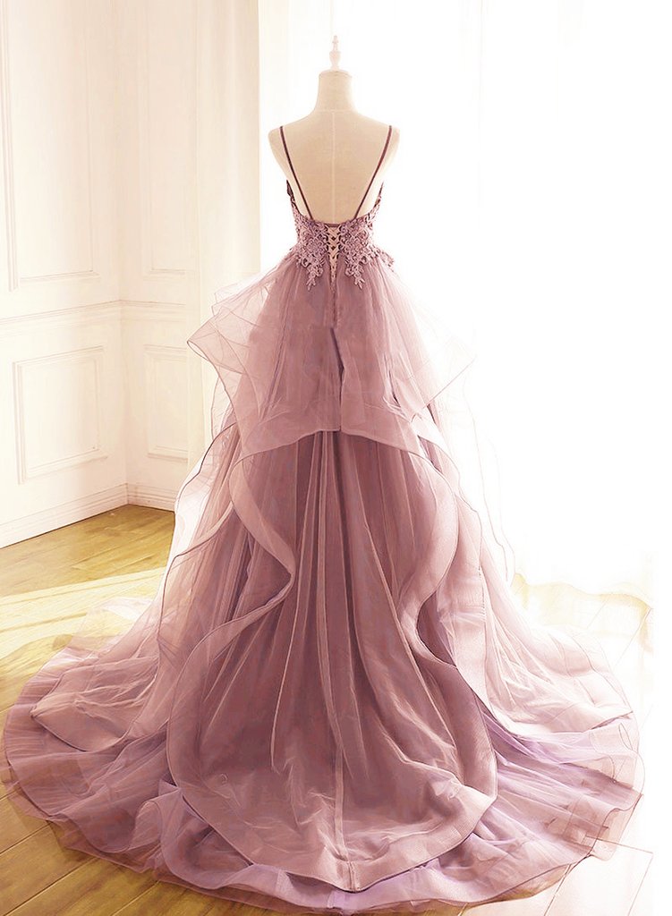 Dark Pink V-Neck Tulle Lace Prom Dress,Spaghetti Strap Prom Dress,Ruffle A Line Formal Dress   cg18781