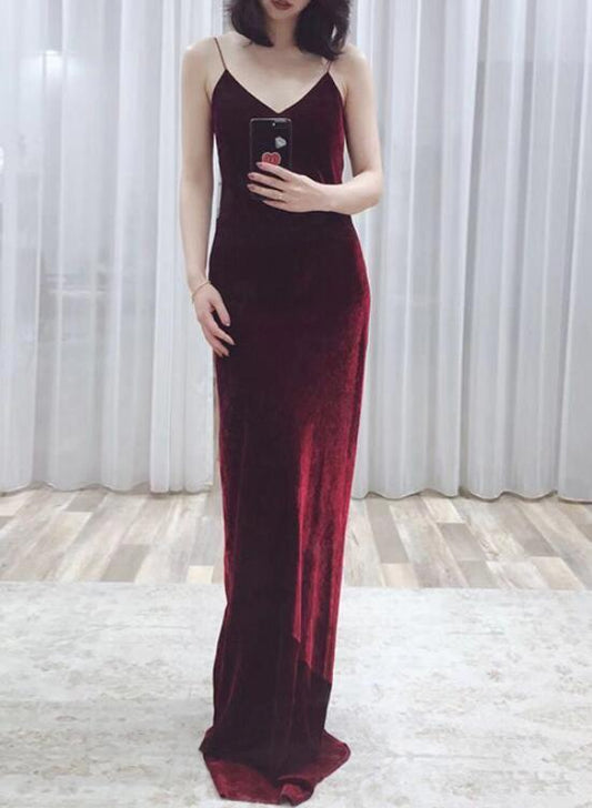 Wine Red Straps Sexy Velvet Evening Gown, Long Party prom Dresses     cg18866