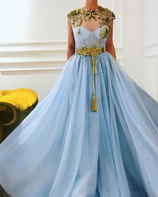 High Quality Charming O Neckline,Sexy Cap Sleeves ,A Line Prom Dress , Floor Length,Sexy Golden Applique Custom Made   cg18948