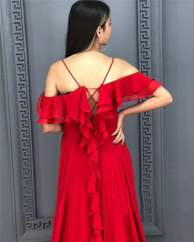 A Line Red Chiffon Prom Dresses Long Sexy Split Evening Party Gowns For Women     cg19169