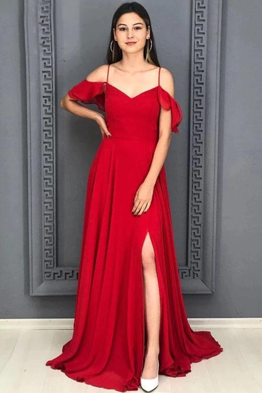 A Line Red Chiffon Prom Dresses Long Sexy Split Evening Party Gowns For Women     cg19169