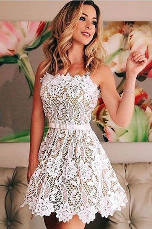 A-Line Dresses,Straps Dresses,White Lace Homecoming Dresses,Sash Homecoming Dresses   cg19177