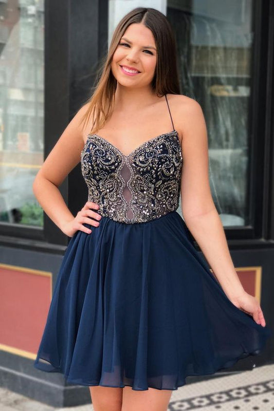 Straps Short Homecoming Dresses, Navy Blue Homecoming Dresses 2019  cg1929