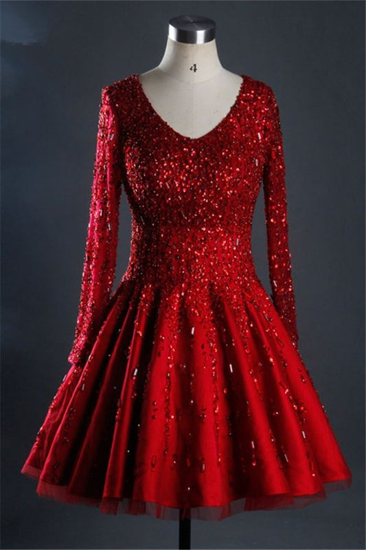 Gorgeous Ball Gown Short Red Satin Tulle Beaded Dress With Sleeves Homecoming Dresses    cg19432