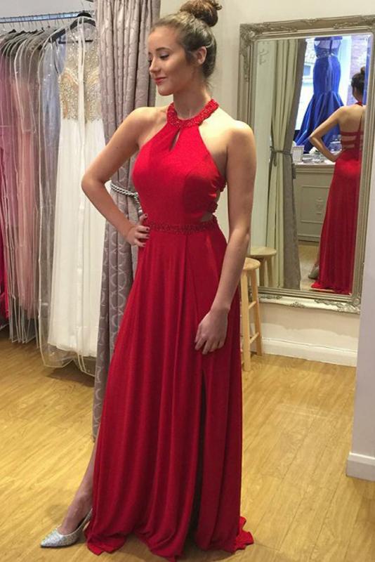 Sexy A-Line Halter Red Long Chiffon Prom Dresses with Beading Keyhole    cg19556