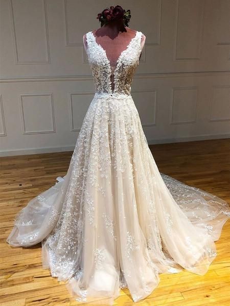 Deep V Neck and V Back Champagne Lace Long Wedding Dresses, Champagne Lace Prom Formal Evening Dresses   cg19655