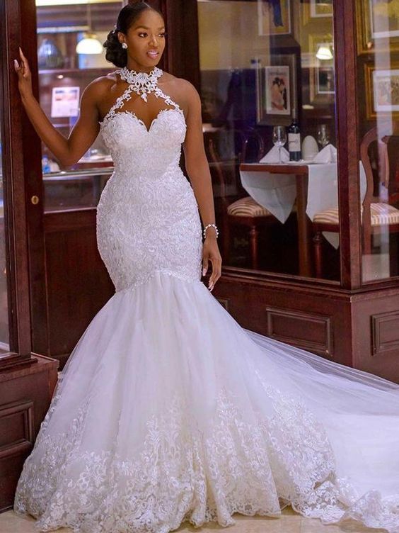 custom evening prom dresses Halter Sexy See Through Lace Mermaid Wedding Dresses   cg19717