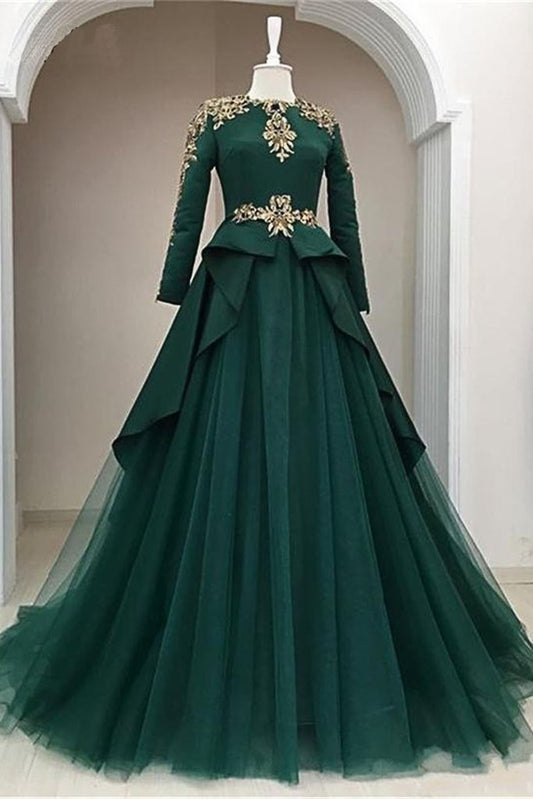 Dark Green Satin Tulle O Neck Long Sleeve Arabic Formal Prom Dress With Applique    cg19809