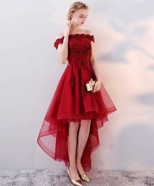 Dark Red High Low Tulle Homecoming Dress With Lace    cg19835