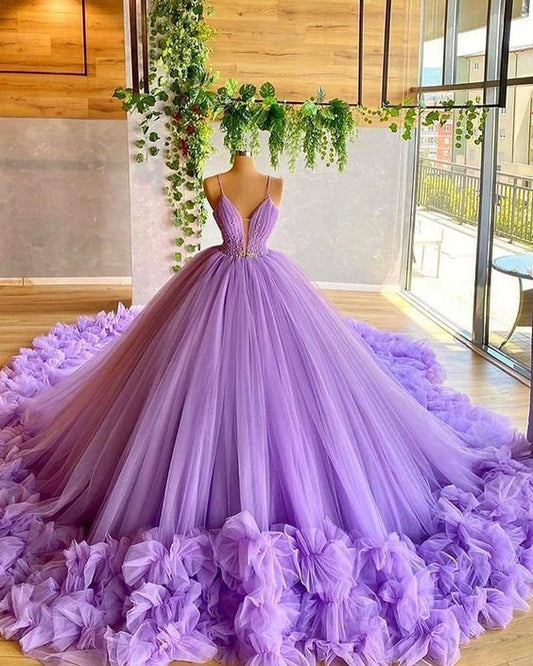 Spaghetti Straps Lavender Beading Bodice Tulle Evening Prom Dress with Handmade Flowers    cg19870