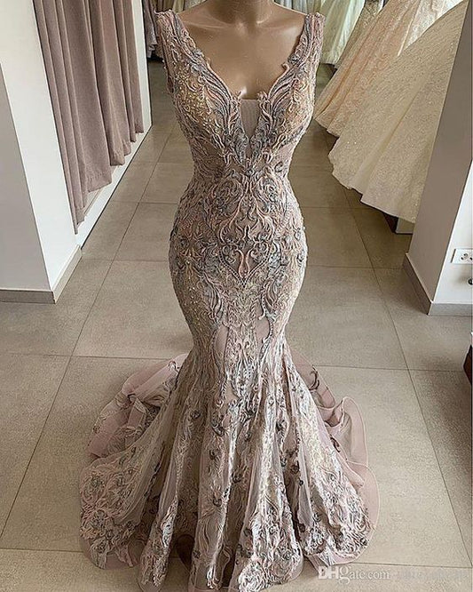 Lace Beaded Sexy African Dubai Evening Dresses Mermaid Backless Prom Dresses Deep V-neck Formal Party Bridesmaid Pageant Gowns   cg20072