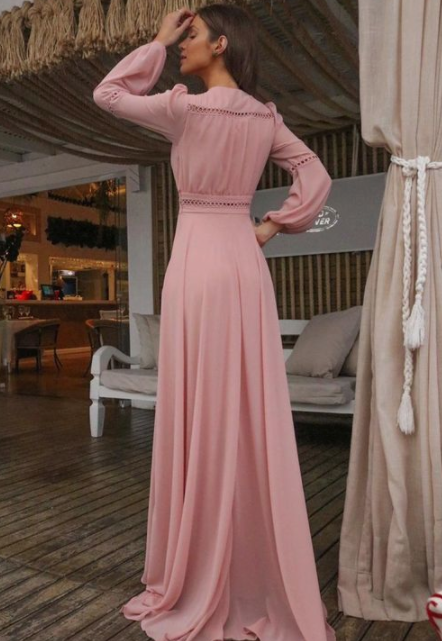 V Neck Long Sleeves Pink Holiday Dress with Appliques, Split Evening Party Dress Prom Dresses     cg20129