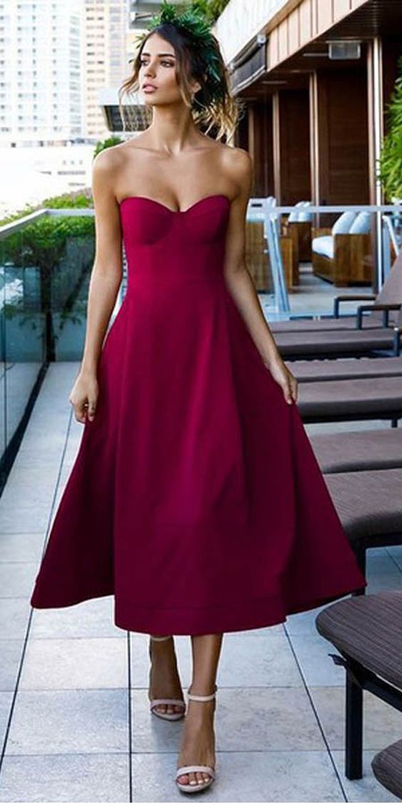 Cute Tea Length Grape Satin A-Line Sweetheart Prom Party Dress  cg2015