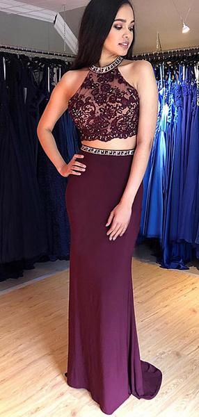 2 Pieces Prom Dresses, Halter Lace Beaded Mermaid Prom Dresses    cg20279