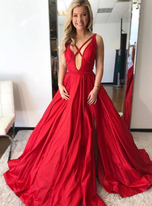 Sexy Split Slit Prom Dresses, Charming Prom Dress,Stain Prom Dress,Red Prom Dress, Long Evening Dress   cg20519