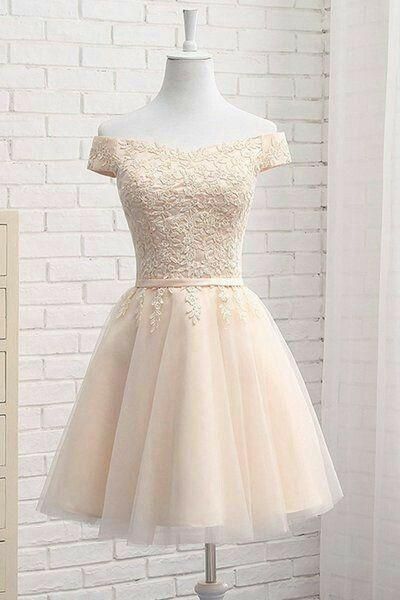 Light Champagne Off Shoulder Short Tulle Homecoming Dress cg2052