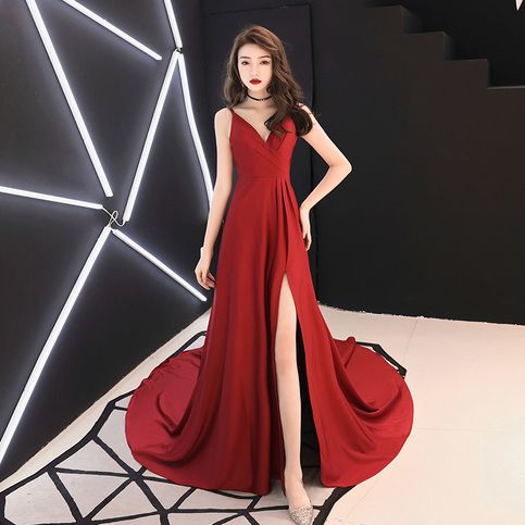 Burgundy v neck chiffon long prom dress, evening dress cg2065