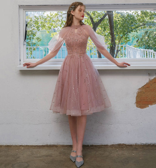 PINK TULLE BEADS SHORT HOMECOMING DRESS PARTY DRESS    cg20774