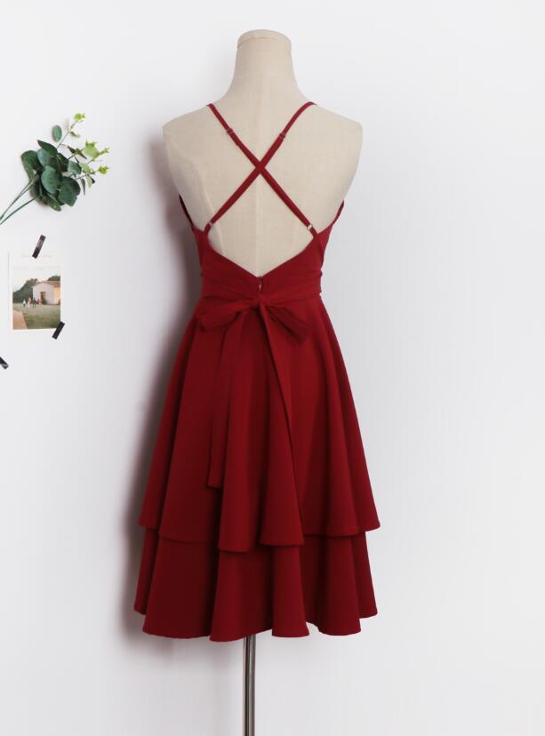 Beautiful Dark Red V-Neckline Chiffon Layers Women Dresses, Fashion Women homecoming Dresses cg2088