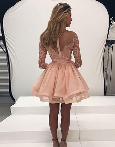 Long Sleeve Lace Homecoming Dress Tulle Zipper Back Party Dress cg209