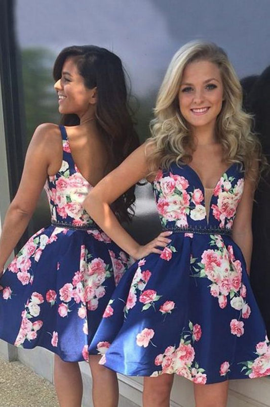 A-Line V-Neck Short Dark Blue Printed Homecoming Dress cg2124