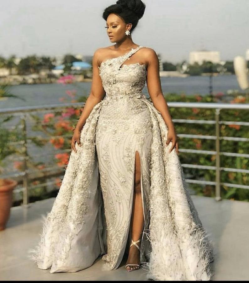 Long party lace dress with train,African prom lace dress Wedding dress Prom gowns    cg21349