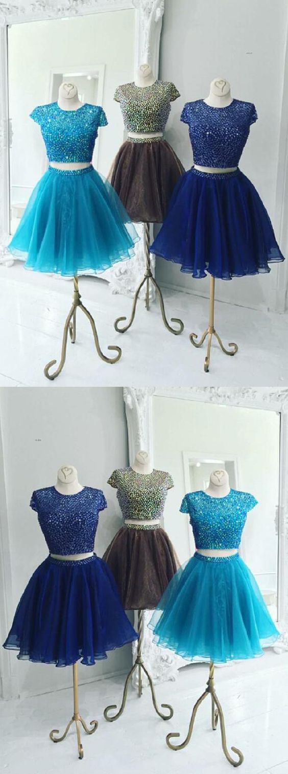 Beautiful Two Piece Stunning Two Piece Jewel Cap Sleeves Short Royal Blue Organza Homecoming Dress cg2135