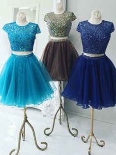 Beautiful Two Piece Stunning Two Piece Jewel Cap Sleeves Short Royal Blue Organza Homecoming Dress cg2135