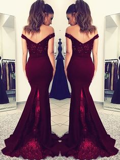 Charming Burgundy Off Shoulder Elastic Satin Long Mermaid Lace Prom Dresses    cg21390